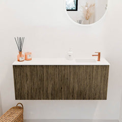 JOYA 100cm toiletmeubel kleur Dusk. Wastafel FAYE positie Rechts 1 kraangat kleur Talc.