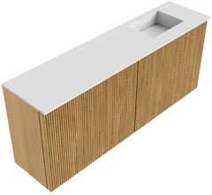 JOYA 100cm toiletmeubel kleur Oak. Wastafel FAYE positie Rechts 1 kraangat kleur Talc.