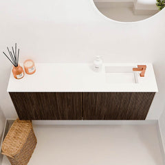 JOYA 100cm toiletmeubel kleur Walnut. Wastafel FAYE positie Rechts 1 kraangat kleur Talc.
