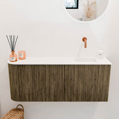 JOYA 101,6cm toiletmeubel ronding links kleur Dusk. Wastafel FAYE positie Rechts Zonder kraangat kleur Talc.