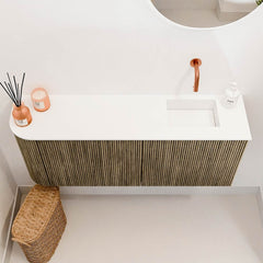 JOYA 101,6cm toiletmeubel ronding links kleur Dusk. Wastafel FAYE positie Rechts Zonder kraangat kleur Talc.