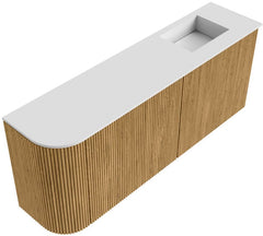 JOYA 101,6cm toiletmeubel ronding links kleur Oak. Wastafel FAYE positie Rechts Zonder kraangat kleur Talc.