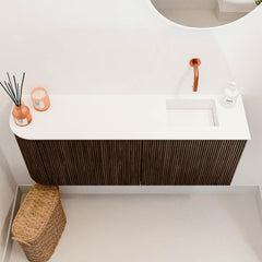 JOYA 101,6cm toiletmeubel ronding links kleur Walnut. Wastafel FAYE positie Rechts Zonder kraangat kleur Talc.