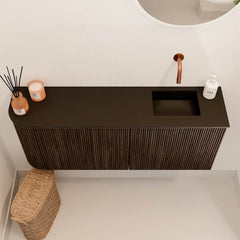 JOYA 101,6cm toiletmeubel ronding links kleur Walnut. Wastafel FAYE positie Rechts Zonder kraangat kleur Urban.