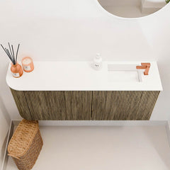 JOYA 101,6cm toiletmeubel ronding links kleur Dusk. Wastafel FAYE positie Rechts 1 kraangat kleur Talc.