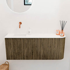 JOYA 101,6cm toiletmeubel ronding rechts kleur Dusk. Wastafel FAYE positie Links Zonder kraangat kleur Talc.