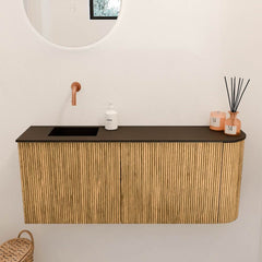 JOYA 101,6cm toiletmeubel ronding rechts kleur Oak. Wastafel FAYE positie Links Zonder kraangat kleur Urban.