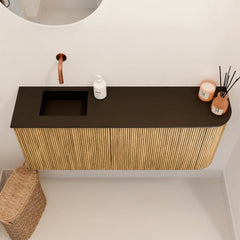 JOYA 101,6cm toiletmeubel ronding rechts kleur Oak. Wastafel FAYE positie Links Zonder kraangat kleur Urban.