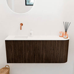 JOYA 101,6cm toiletmeubel ronding rechts kleur Walnut. Wastafel FAYE positie Links Zonder kraangat kleur Talc.