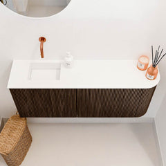 JOYA 101,6cm toiletmeubel ronding rechts kleur Walnut. Wastafel FAYE positie Links Zonder kraangat kleur Talc.