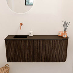 JOYA 101,6cm toiletmeubel ronding rechts kleur Walnut. Wastafel FAYE positie Links Zonder kraangat kleur Urban.