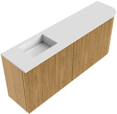 JOYA 101,6cm toiletmeubel ronding rechts kleur Oak. Wastafel FAYE positie Links 1 kraangat kleur Talc.