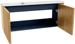 JOYA 101,6cm toiletmeubel ronding rechts kleur Oak. Wastafel FAYE positie Links 1 kraangat kleur Talc.