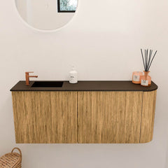 JOYA 101,6cm toiletmeubel ronding rechts kleur Oak. Wastafel FAYE positie Links 1 kraangat kleur Urban.