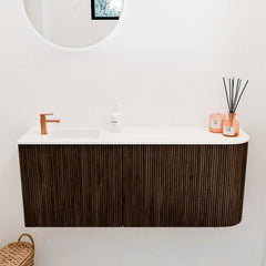 JOYA 101,6cm toiletmeubel ronding rechts kleur Walnut. Wastafel FAYE positie Links 1 kraangat kleur Talc.