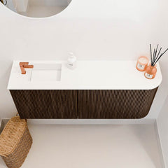 JOYA 101,6cm toiletmeubel ronding rechts kleur Walnut. Wastafel FAYE positie Links 1 kraangat kleur Talc.