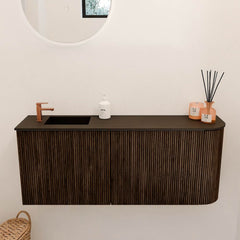 JOYA 101,6cm toiletmeubel ronding rechts kleur Walnut. Wastafel FAYE positie Links 1 kraangat kleur Urban.