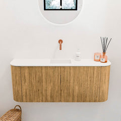 JOYA 103,2cm toiletmeubel ronding links + rechts kleur Oak. Wastafel FAYE positie Midden Zonder kraangat kleur Talc.