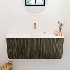 JOYA 103,2cm toiletmeubel ronding links + rechts kleur Shadow. Wastafel FAYE positie Midden Zonder kraangat kleur Talc.