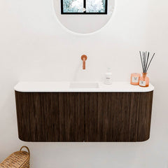 JOYA 103,2cm toiletmeubel ronding links + rechts kleur Walnut. Wastafel FAYE positie Midden Zonder kraangat kleur Talc.