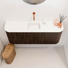 JOYA 103,2cm toiletmeubel ronding links + rechts kleur Walnut. Wastafel FAYE positie Midden Zonder kraangat kleur Talc.