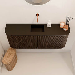 JOYA 103,2cm toiletmeubel ronding links + rechts kleur Walnut. Wastafel FAYE positie Midden Zonder kraangat kleur Urban.