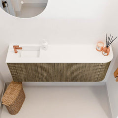 JOYA 111,6cm toiletmeubel ronding rechts kleur Dusk. Wastafel FAYE positie Links 1 kraangat kleur Talc.