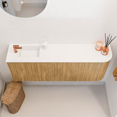 JOYA 111,6cm toiletmeubel ronding rechts kleur Oak. Wastafel FAYE positie Links 1 kraangat kleur Talc.