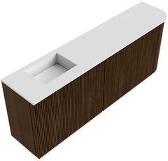 JOYA 111,6cm toiletmeubel ronding rechts kleur Walnut. Wastafel FAYE positie Links 1 kraangat kleur Talc.