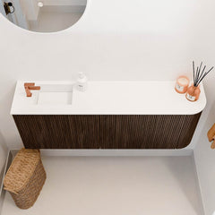 JOYA 111,6cm toiletmeubel ronding rechts kleur Walnut. Wastafel FAYE positie Links 1 kraangat kleur Talc.