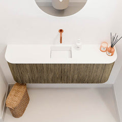 JOYA 113,2cm toiletmeubel ronding links + rechts kleur Dusk. Wastafel FAYE positie Midden Zonder kraangat kleur Talc.