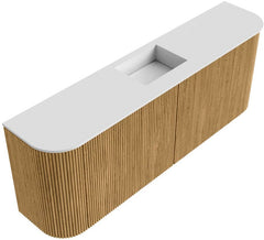 JOYA 113,2cm toiletmeubel ronding links + rechts kleur Oak. Wastafel FAYE positie Midden Zonder kraangat kleur Talc.