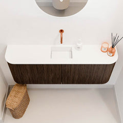 JOYA 113,2cm toiletmeubel ronding links + rechts kleur Walnut. Wastafel FAYE positie Midden Zonder kraangat kleur Talc.