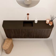 JOYA 113,2cm toiletmeubel ronding links + rechts kleur Walnut. Wastafel FAYE positie Midden Zonder kraangat kleur Urban.