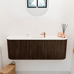 JOYA 113,2cm toiletmeubel ronding links + rechts kleur Walnut. Wastafel FAYE positie Midden 1 kraangat kleur Talc.