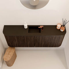 JOYA 113,2cm toiletmeubel ronding links + rechts kleur Walnut. Wastafel FAYE positie Midden 1 kraangat kleur Urban.