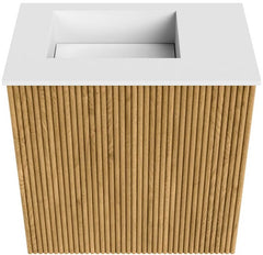 JOYA 40cm toiletmeubel kleur Oak. Wastafel FAYE positie Links Zonder kraangat kleur Talc.