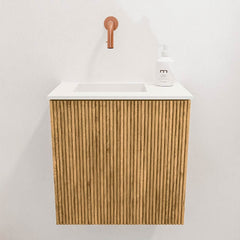 JOYA 40cm toiletmeubel kleur Oak. Wastafel FAYE positie Links Zonder kraangat kleur Talc.