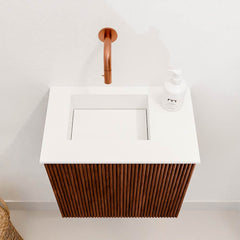 JOYA 40cm toiletmeubel kleur Ruby. Wastafel FAYE positie Links Zonder kraangat kleur Talc