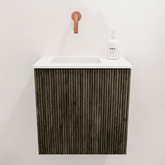 JOYA 40cm toiletmeubel kleur Shadow. Wastafel FAYE positie Links Zonder kraangat kleur Talc