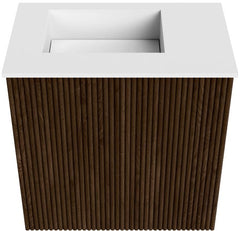 JOYA 40cm toiletmeubel kleur Walnut. Wastafel FAYE positie Links Zonder kraangat kleur Talc.