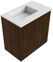 JOYA 40cm toiletmeubel kleur Walnut. Wastafel FAYE positie Links Zonder kraangat kleur Talc.