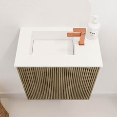 JOYA 40cm toiletmeubel kleur Dusk. Wastafel FAYE positie Links 1 kraangat kleur Talc