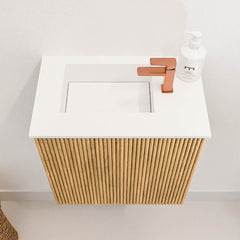 JOYA 40cm toiletmeubel kleur Oak. Wastafel FAYE positie Links 1 kraangat kleur Talc