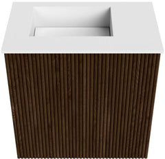 JOYA 40cm toiletmeubel kleur Walnut. Wastafel FAYE positie Links 1 kraangat kleur Talc