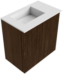 JOYA 40cm toiletmeubel kleur Walnut. Wastafel FAYE positie Links 1 kraangat kleur Talc