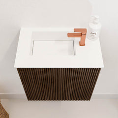 JOYA 40cm toiletmeubel kleur Walnut. Wastafel FAYE positie Links 1 kraangat kleur Talc