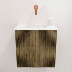 JOYA 40cm toiletmeubel kleur Dusk. Wastafel FAYE positie Midden Zonder kraangat kleur Talc.