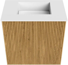 JOYA 40cm toiletmeubel kleur Oak. Wastafel FAYE positie Midden Zonder kraangat kleur Talc.