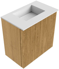 JOYA 40cm toiletmeubel kleur Oak. Wastafel FAYE positie Midden Zonder kraangat kleur Talc.